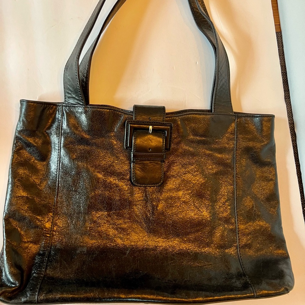 HOBO Shiny Black Leather Tote with Front Buckle